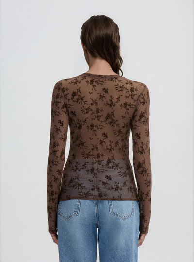 T-shirt a maniche lunghe con stampa floreale flock