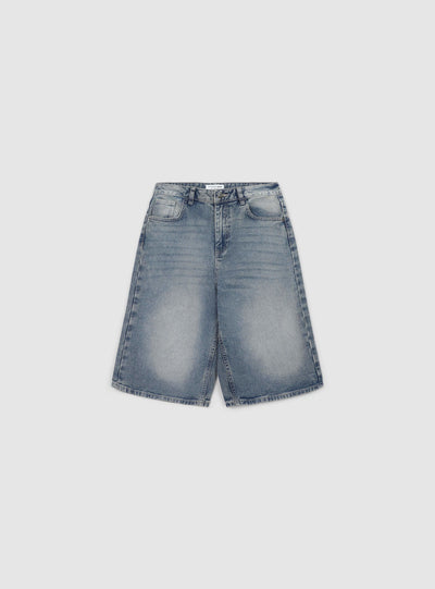 Denim jorts with distressing