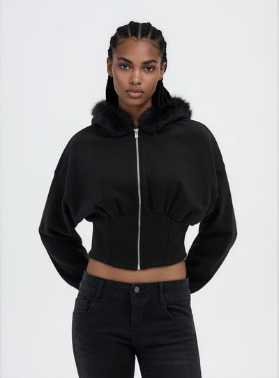 Cropped Sweatshirt mit Reißverschluss und Kapuze, mit synthetischem Fellbesatz