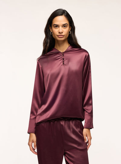 Camicia in satin con collo coreano e arriccio