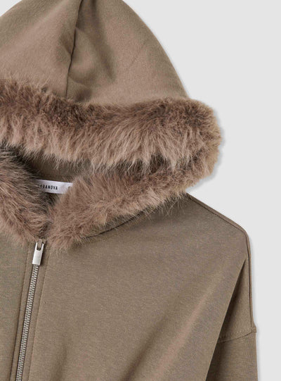 Sweat crop à zip avec capuche bordée de fausse fourrure