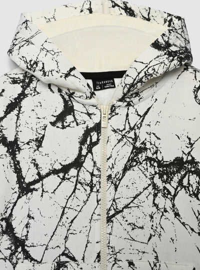 Hooded zip-up sweatshirt with marble print