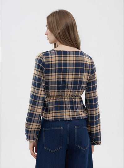 Camicia incrociata a quadri con coulisse