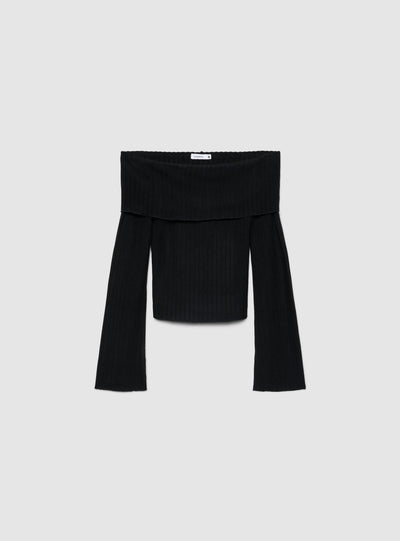 T-shirt a maniche lunghe a spalle scoperte a costine