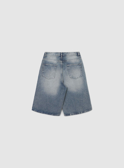 Denim jorts with distressing
