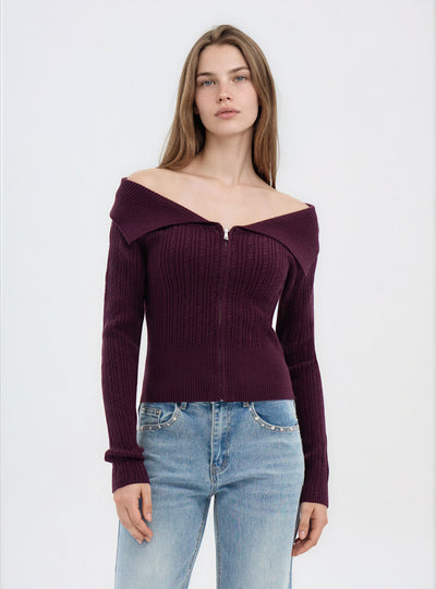 Maglia a trecce con zip e collo ampio