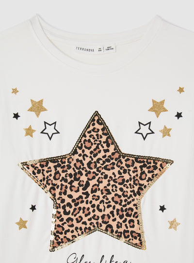 T-shirt manica lunga con stampa stellina animalier effetto luccicante