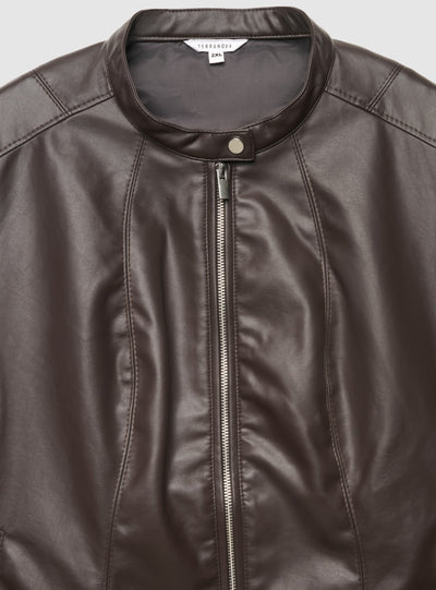 Chiodo effetto pelle con collo coreano e zip