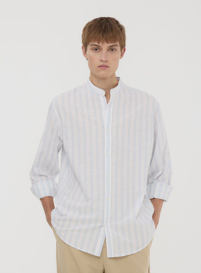 Camicia coreana a righe in misto lino