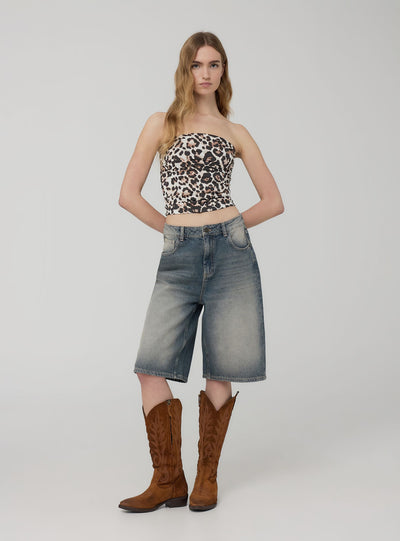 Denim jorts with distressing