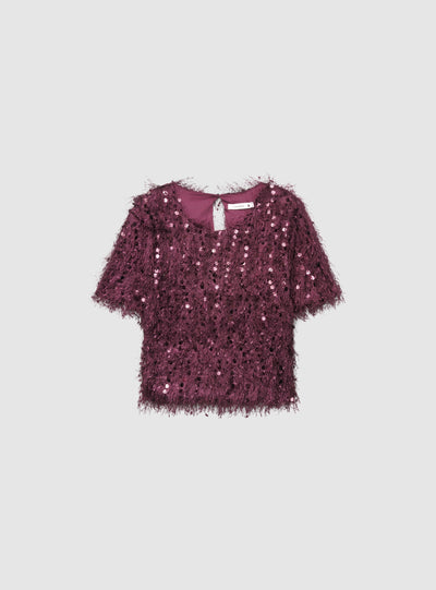 T-shirt crop con paillettes e piumette