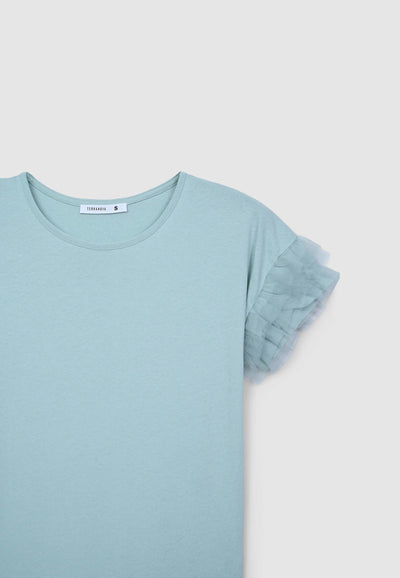 T-shirt con maniche a balze in tulle