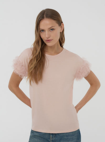 T-shirt con maniche a balze in tulle