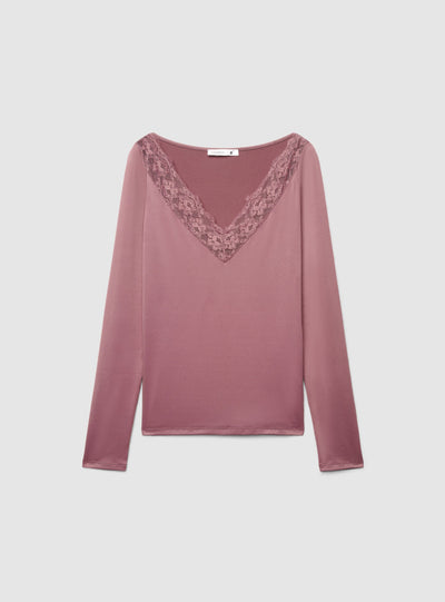 T-shirt a maniche lunghe con bordo in pizzo