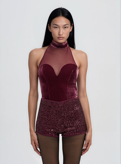 Top halter con inserto in tulle