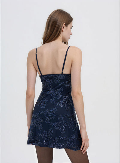 Vestito corto con spalline sottili e paillettes floreali