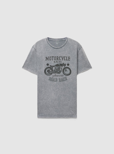T-shirt con stampa moto effetto acid wash