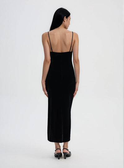 Long dress with thin straps and draped neckline