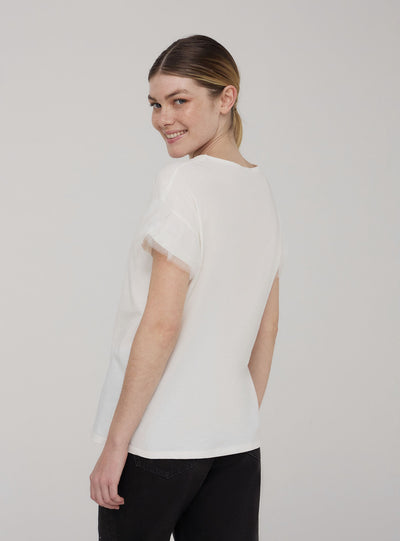 T-shirt con maniche a balze in tulle