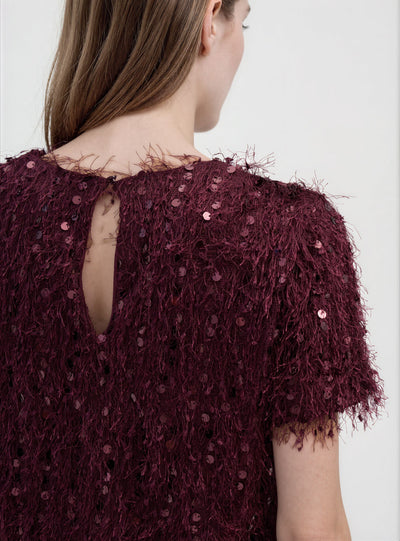 T-shirt crop con paillettes e piumette