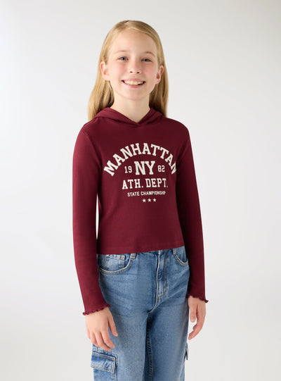 Crop-T-Shirt mit Kapuze und College-Print