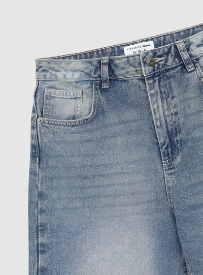 Denim jorts with distressing