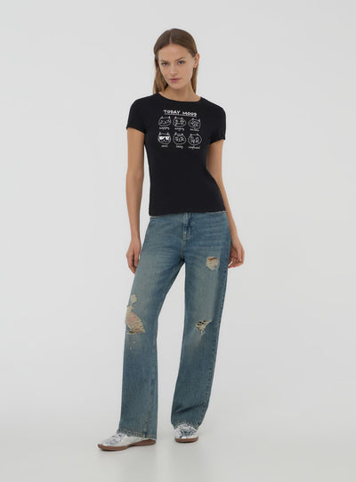 T-shirt slim fit con stampa gattini