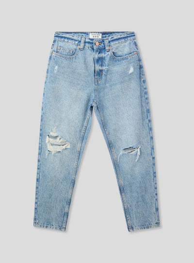 Jeans mom con strappi acid wash