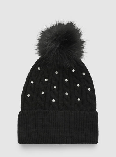 Berretto a trecce con pompon e strass