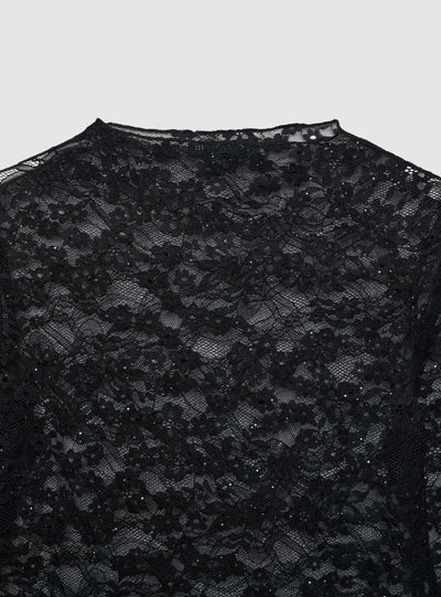 Long-sleeve lace T-shirt with sequins