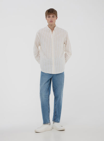 Camicia coreana a righe in misto lino