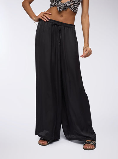 Wide-leg satin-effect trousers with drawstring