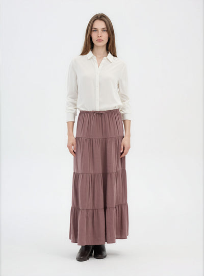 Long tiered skirt with drawstring waistband