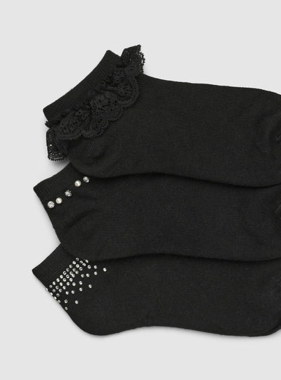 Pack 3 paia calzini alla caviglia con strass e volant in pizzo