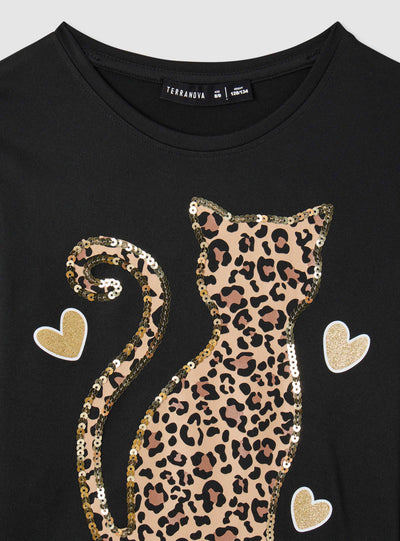 T-shirt manica lunga con stampa stellina animalier effetto luccicante