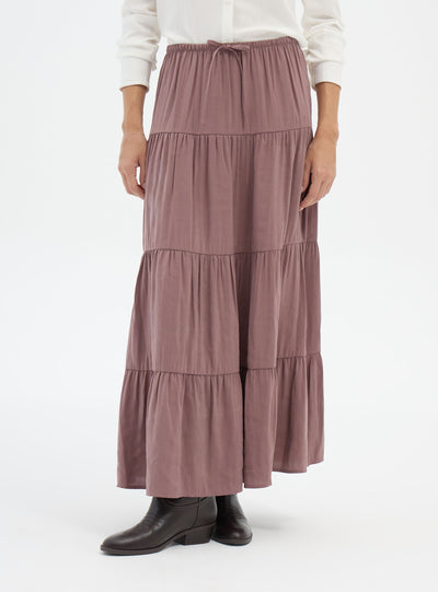 Long tiered skirt with drawstring waistband
