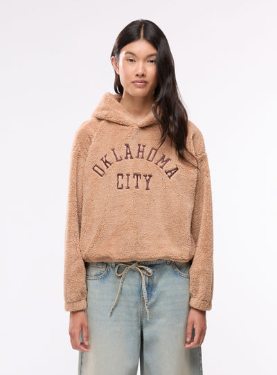 Felpa con cappuccio effetto sherpa e scritta college