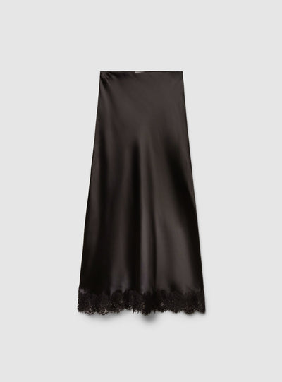 Gonna lunga svasata in satin con bordo in pizzo