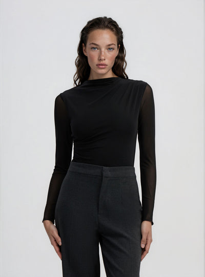 Body drappeggiato con maniche in tulle