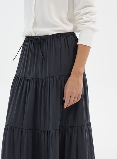 Long tiered skirt with drawstring waistband