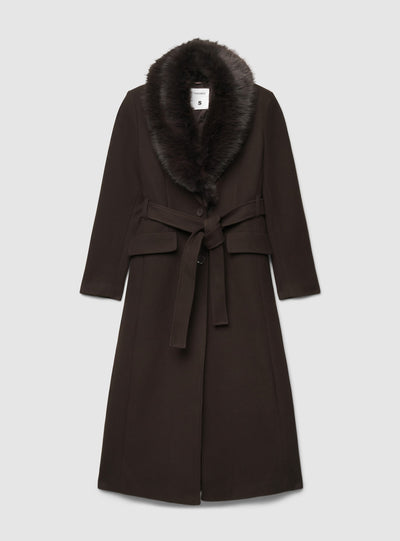 Cappotto lungo con cintura e collo in pelo sintetico