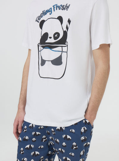 Pajama set with t-shirt and bermuda shorts featuring a panda