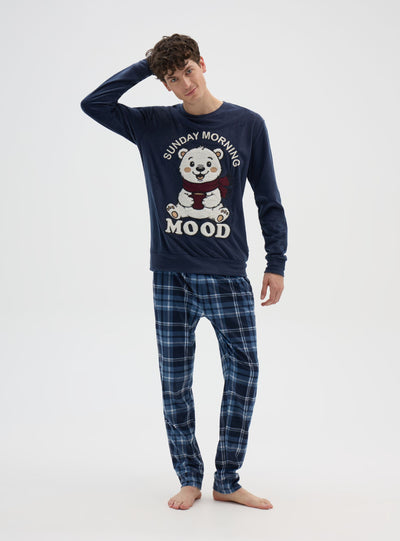Set pigiama con stampa orso e pantaloni a quadri