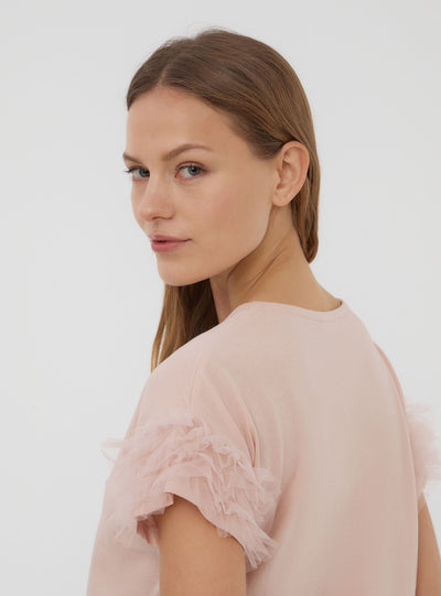 T-shirt con maniche a balze in tulle
