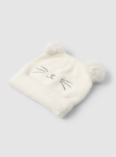 Furry cap with ears and embroidery