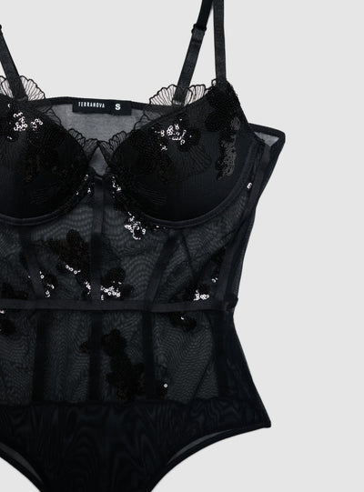 Body tulle con coppe e paillettes