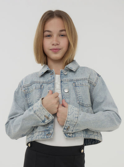Giacca crop di jeans con strass