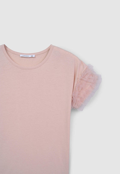 T-shirt con maniche a balze in tulle