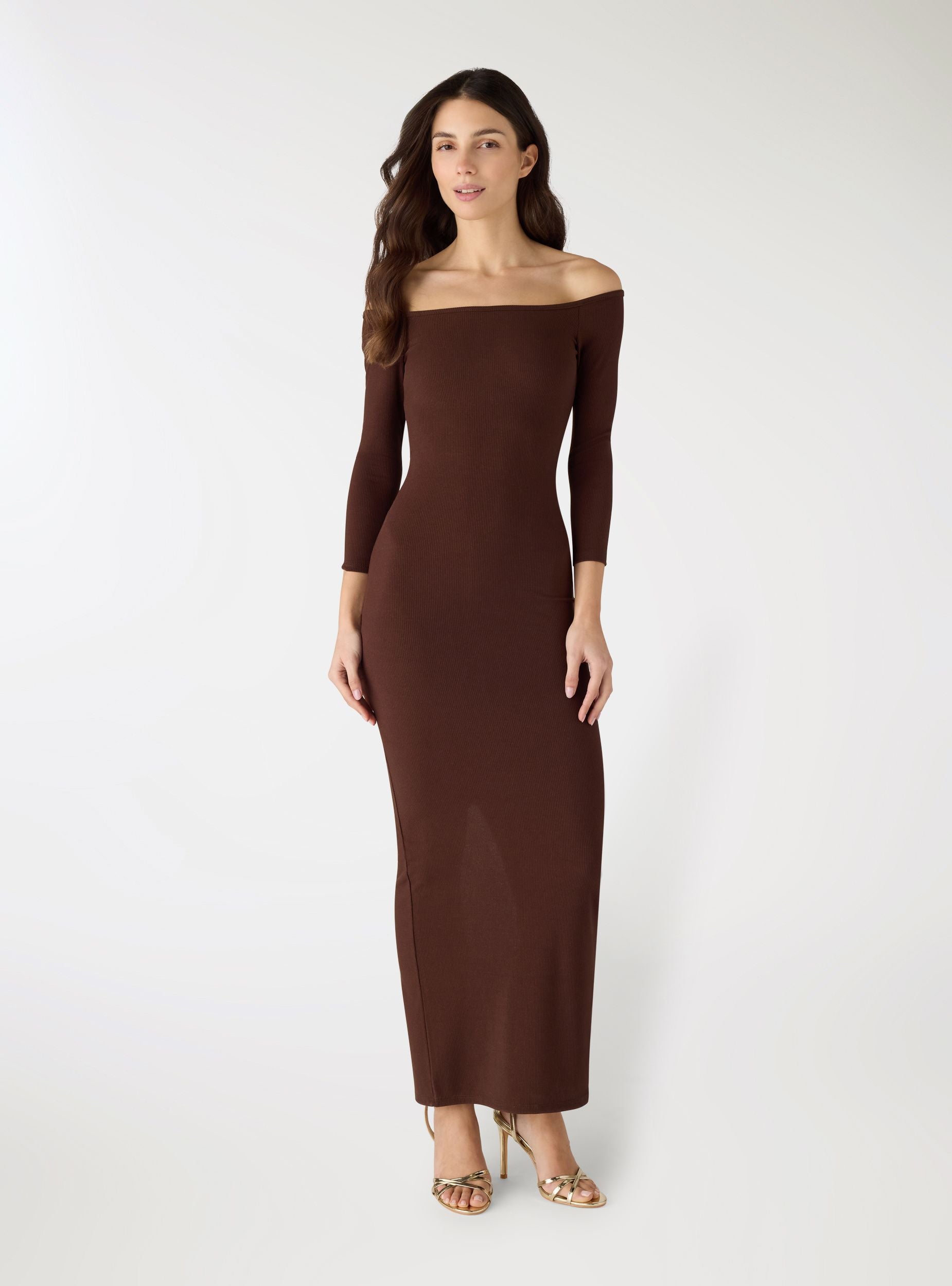 Long dress with off-the-shoulder solid colour design - Terranova Long dress with off-the-shoulder solid colour design - Terranova