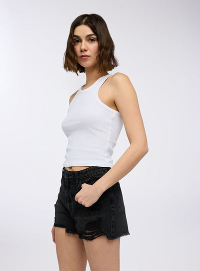 Shorts mom in jeans con strappi grandi